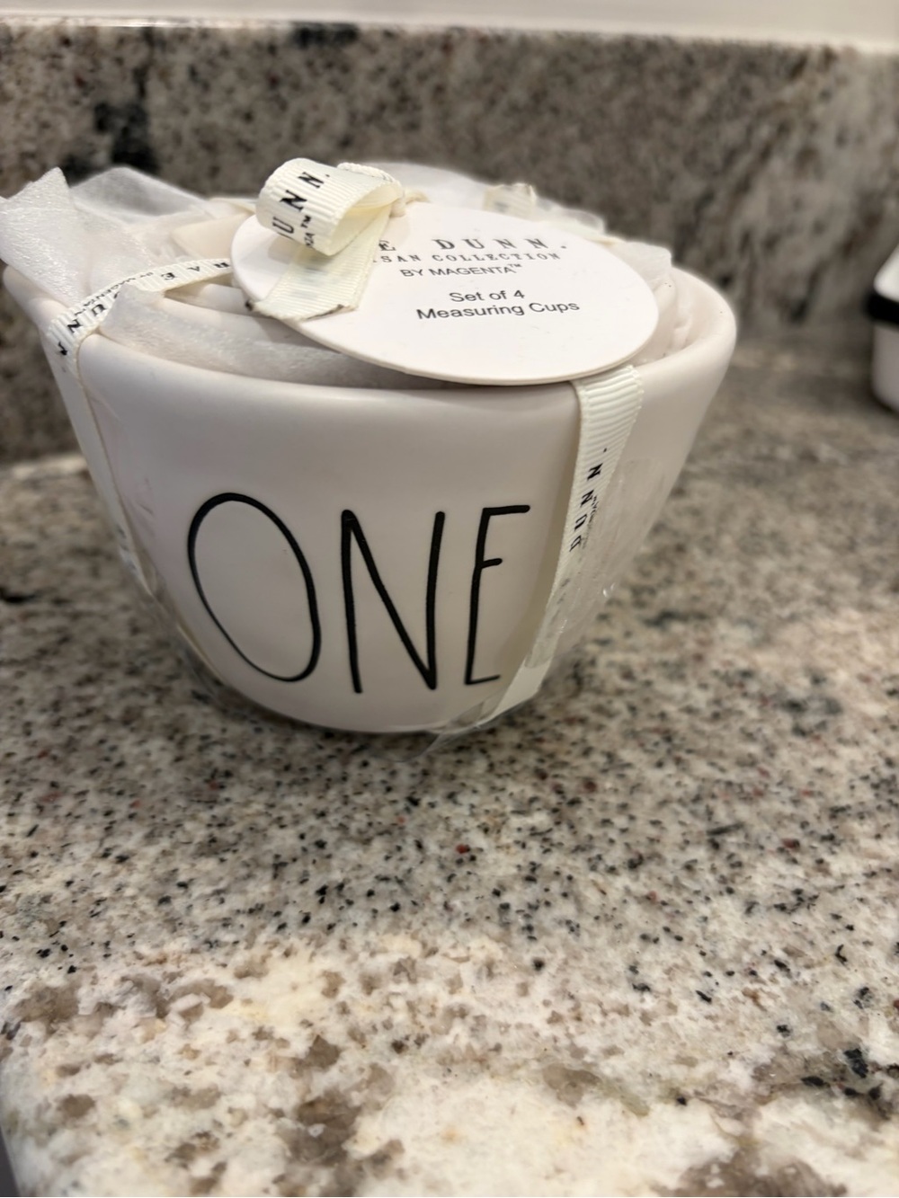 Rae Dunn White Ceramic Nesting Measuring Cups with Black Lettering